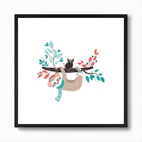 SHygge sloth // winter cozy cute animal hanging from a tree kids room nursery with cat Art Print