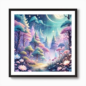A Fantasy Forest With Twinkling Stars In Pastel Tone Square Composition 138 Art Print