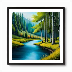 Painting Of A River In A Forest Art Print