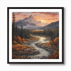 A Landscape Painting Of A Mountain Range At Sunset Art Print