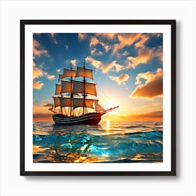 Sailing Ship At Sunset Art Print