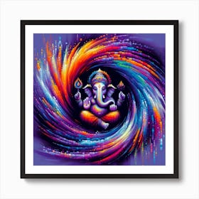 "Spectrum Swirl: Ganesha's Digital Harmony" - This vibrant artwork reimagines Lord Ganesha amidst a digital spectrum swirl, showcasing a stunning fusion of ancient symbolism and modern pixel art. The deity's form emanates from the center of a whirlpool of colors, representing the blending of traditional spirituality with the pulsating energy of the digital age. This piece is perfect for contemporary spaces that embrace a blend of culture and technology, offering a visually rich celebration of Ganesha's role as the remover of obstacles in the path to enlightenment and success. Art Print