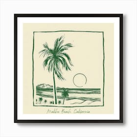 Malibu Beach, California Green Line Art Illustration Art Print