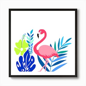 Pink Flamingo And Tropical Leaves Art Print