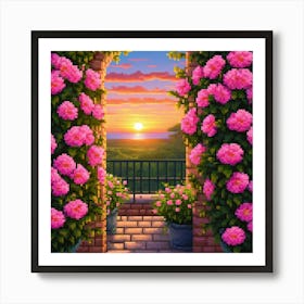 Pink Flowers Sunset Read Shade Flowers Blue Sky Beautiful Location Sunset View Wall 3 Art Print