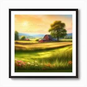 Farm Landscape At Sunset Art Print