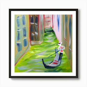 Venice Memoir - painting hand painted acrylic square italy venice gondola gondolier green water houses living room travel Art Print