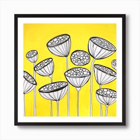 Yellow Floral Illustration Bright Colourful Flowers Seed Pods Art Print