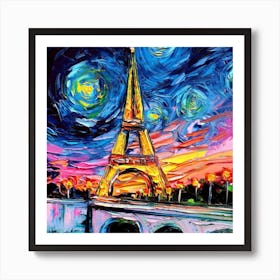 Paris At Night Eiffel Tower Starry Night Van Gogh Art Print