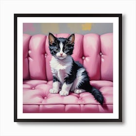Tuxedo Kitten Sitting On Pink Sofa Art Print