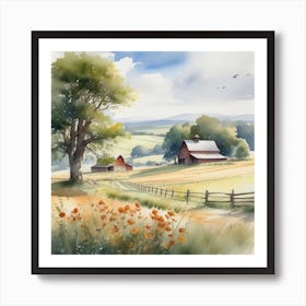 Watercolor Of A Farm 2 Art Print