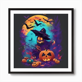 Halloween Witch And Pumpkins Art Print