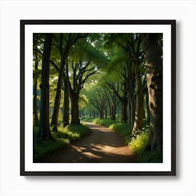 A Winding Forest Path Lined With Ancient, Majestic Green Trees, Their Branches Forming A Natural Archway Overhead 1 Art Print