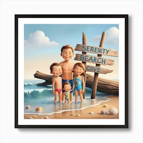 A Serene And Majestic Family Beach Scene Illustration, Evoking The Iconic Style Of Ansel Adams, (4) Art Print