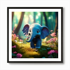 Firefly 3d, Animated, Cute, Little, Round, Turquoise, Elephant, Baby, Forest, Pink Flowers, Whimsica (2) 1 Art Print