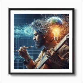 Man Playing Guitar With Light Bulb In His Head Art Print