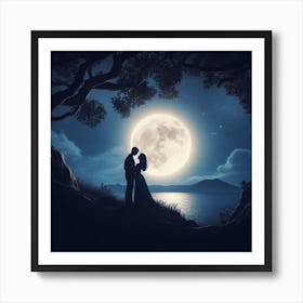 A romantic and enchanting moonlit scene with a silhouetted couple1 Art Print