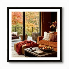 Autumn Living Room Embracing The Essence Of Comfort With A Palette Of Warm Oranges Reds And Golds 2 1 Art Print