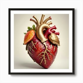 A Realistic 3d Rendering Of A Human Heart, Shaped Like A Strawberry With Green Leaves On Top Art Print