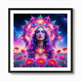 Psychedelic Woman With Flowers and light Art Print