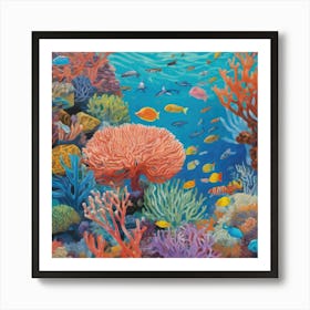 David Hockney Style: A Vibrant Coral Reef Teeming With Marine Life Art Print