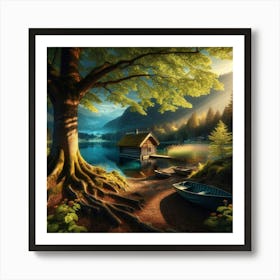 Log Cabin Beside A Lake Art Print