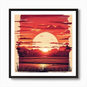 A Beautiful Sunset With A Big Red Sun Setting On The Horizon, The Sun Shines Through The Tops Of Ric Art Print