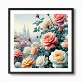 Roses In The Garden, Watercolor Style Painting Art Print