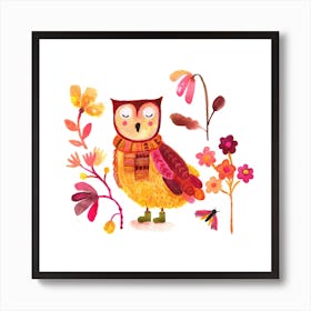 Owl With Boots White Square Art Print