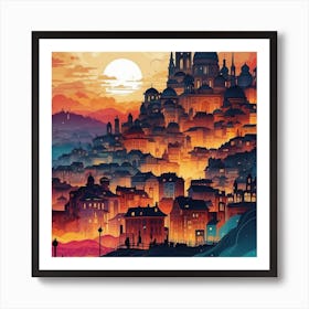 Cityscape At Sunset Art Print