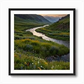 A Lush Green Valley With A Winding River And Wildflowers In Bloom Art Print