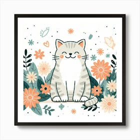 Cute Cat With Flowers 1 Art Print