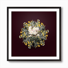 Vintage Noisette Roses Flower Wreath on Wine Red Art Print