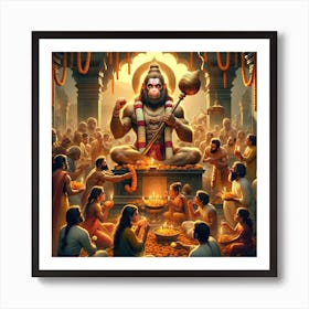 An Image Celebrating Hanuman Jayanti, Showcasing A Temple Scene Dedicated To Lord Hanuman Art Print