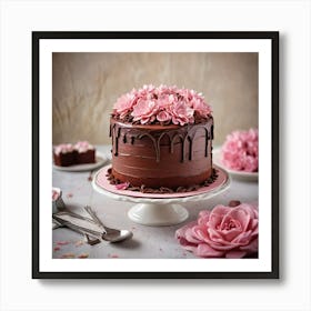 Chocolate Cake Buttercream Icing And Pink Icing Flowers On A Table Background Nicely Blurred Highlig 457477734 Art Print