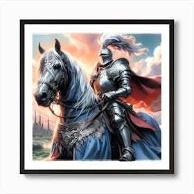 Knight In Silver Armor On His Decorated Horse Color Drawing 1 Art Print