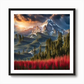 Red Flowers In The Mountains Art Print