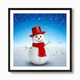 Firefly 3d, Cute, Snowman, Peeking, White, Wall, Red, Scarf, Hat, Silver, Glittery, Sequin, Decorati (2) Art Print