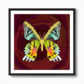 Mechanical Butterfly Urania Ryphaeus On A Dark Red Maroon Background Art Print