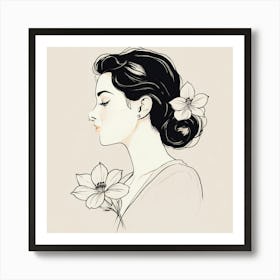 Portrait Of A Woman With Flowers, A Single Elegant Line Drawing Of A Womans Profile With A Flower Art Print