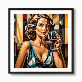 Woman With Glass of Wine Cubism Style Art Print