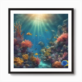 "Underwater Serenity" - tranquil underwater scene with colorful coral reefs, fish, and rays of sunlight. 1 Art Print