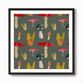 Mushroom Pattern Forest Green Art Print