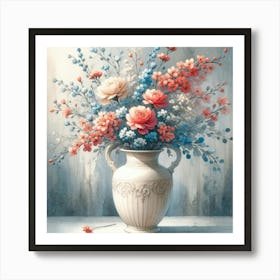 Vase Of Flowers Coral and Blue Art Print