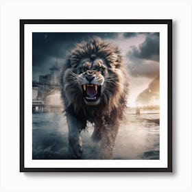 Roaring Lion Standing In The Water Art Print