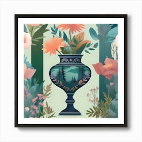 Flower Vase Decorated with Wooded Landscape, Blue, Green, Orange and Pink Art Print