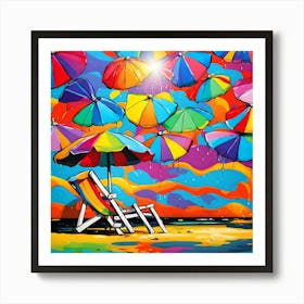 Chair Beneath A Canopy Of Colorful Umbrellas On The Beach 1 Art Print