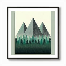 "Emerald Ascend"   Sharp geometric peaks rise above a dense forest, their facets creating a play of light and shadow. The emerald tones of the trees give way to the cool greys of the mountains, crafting a modern landscape filled with tranquility and a sense of adventure. This artwork, with its clean lines and textured surfaces, brings a contemporary edge to the timeless allure of mountainous terrain. Art Print