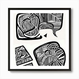 Retro Inspired Linocut Abstract Shapes Black And White 1 Art Print