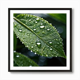 Green Leaf With Water Droplets 1 Art Print